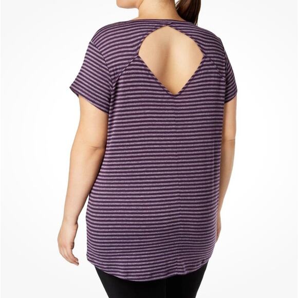 Ideology Tee Top Plus 3X Short Sleeve Active Back Cutout Eggplant Stripe NEW - Picture 11 of 11